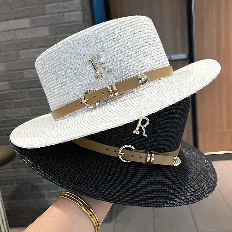 Summer Sun Hat Flat Top Straw Hats for Women New Metal R Letter Fashionable Beach Sun Hat Females Travel Holidays Boater Hat